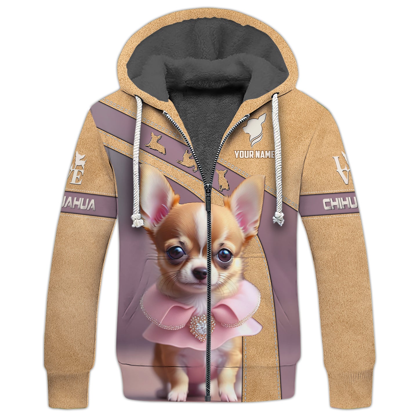 Joli sweat à capuche zippé avec nom personnalisé Chihuahua, cadeau pour les amoureux des chiens, chemises 3D