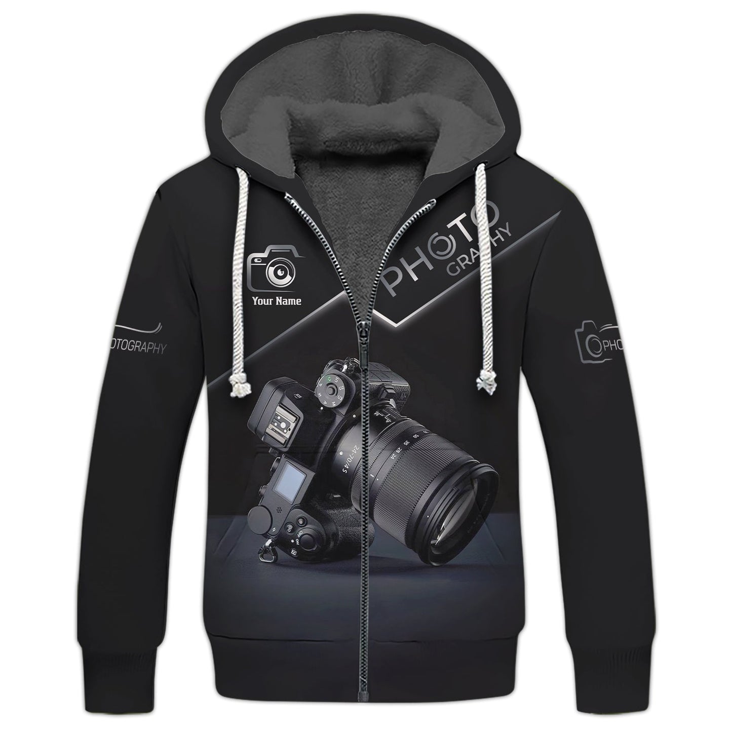 Sweat à capuche zippé avec impression 3D complète, cadeau personnalisé avec nom pour les amateurs de photographe