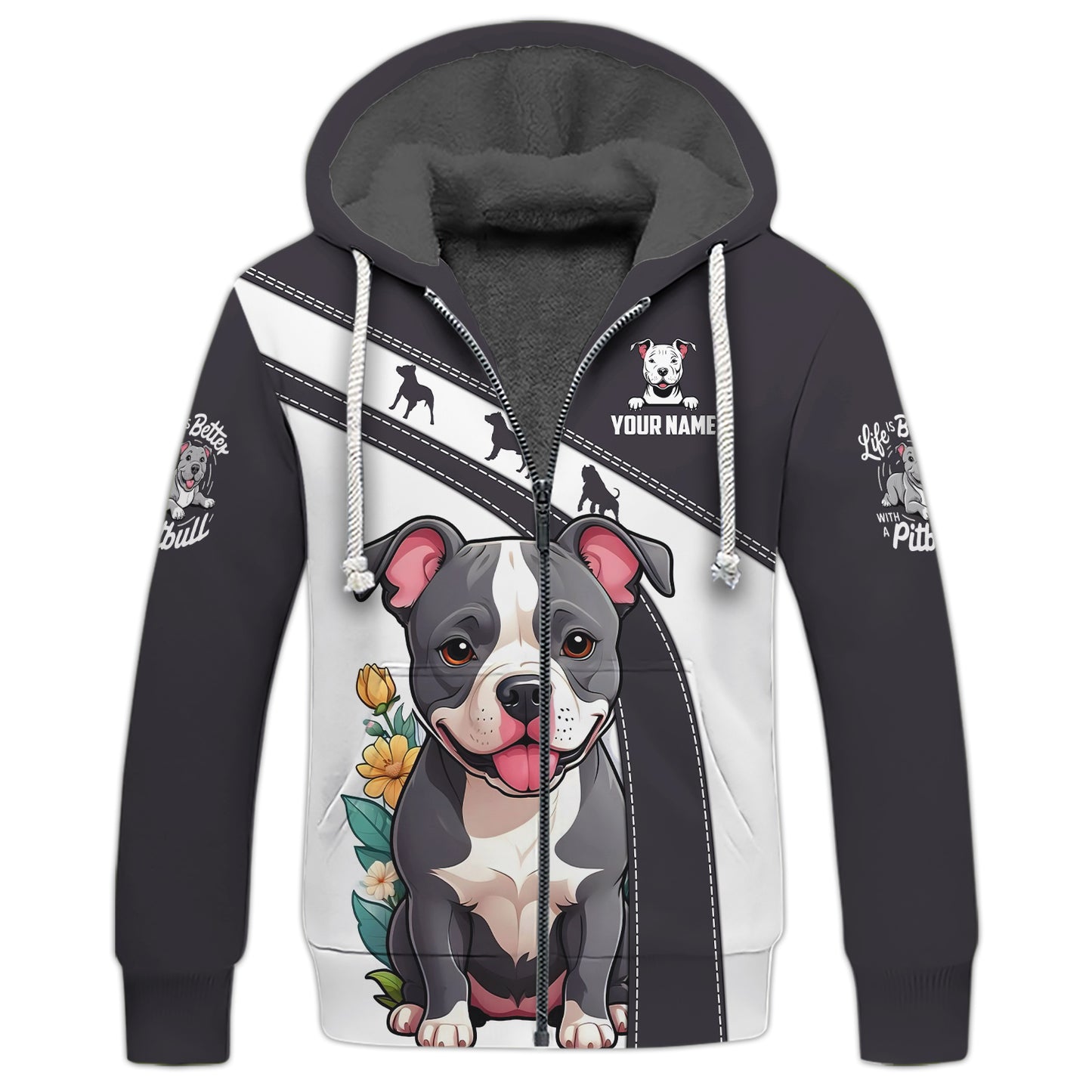 Sudadera con capucha y cremallera con estampado 3D completo de Pitbull para bebé, regalo personalizado con nombre para amantes de los perros