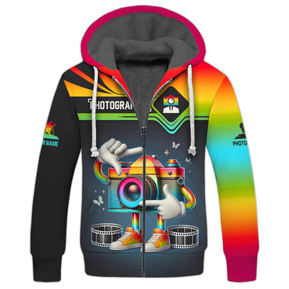 Sudadera con capucha personalizada con cremallera y diseño de fotógrafo, camisa colorida con diseño de cámara en 3D, regalo para amantes de la fotografía