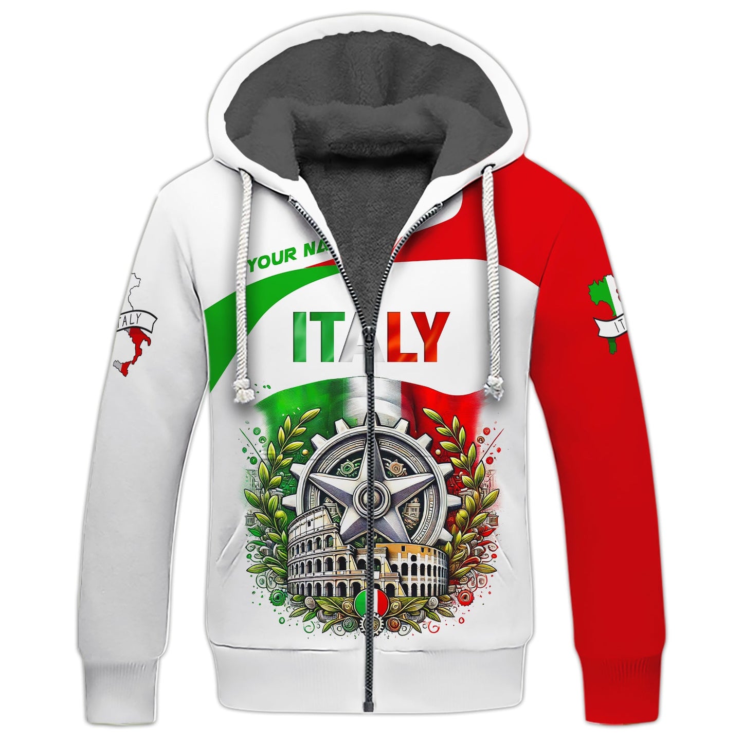 Sudadera con capucha y cremallera 3D con nombre personalizado y escudo de armas de Italia, regalo personalizado para amantes de Italia