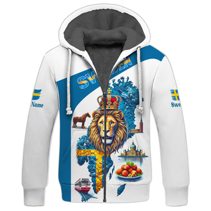 Sudadera con capucha y cremallera con mapa de Suecia e impresión completa en 3D de El Rey León, regalo con nombre personalizado para amantes suecos