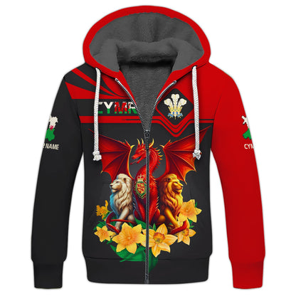 Sweat à capuche personnalisé avec fermeture éclair Dragon et Lions du Pays de Galles, impression 3D complète, cadeau pour les amoureux du Pays de Galles