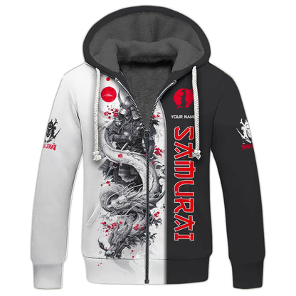 Samurai Custom Name Zipper Hoodie White Dragon With Samurai 3D Shirts