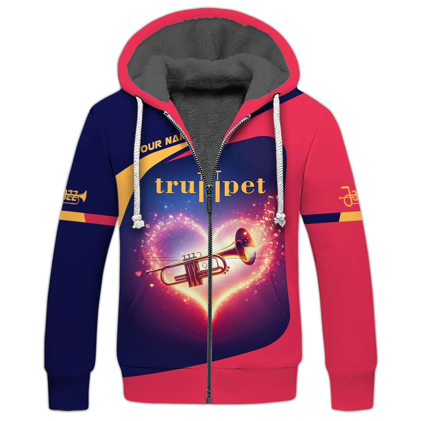 Sweat à capuche zippé en forme de cœur de trompette avec impression 3D complète, cadeau personnalisé avec nom pour les amateurs de trompette