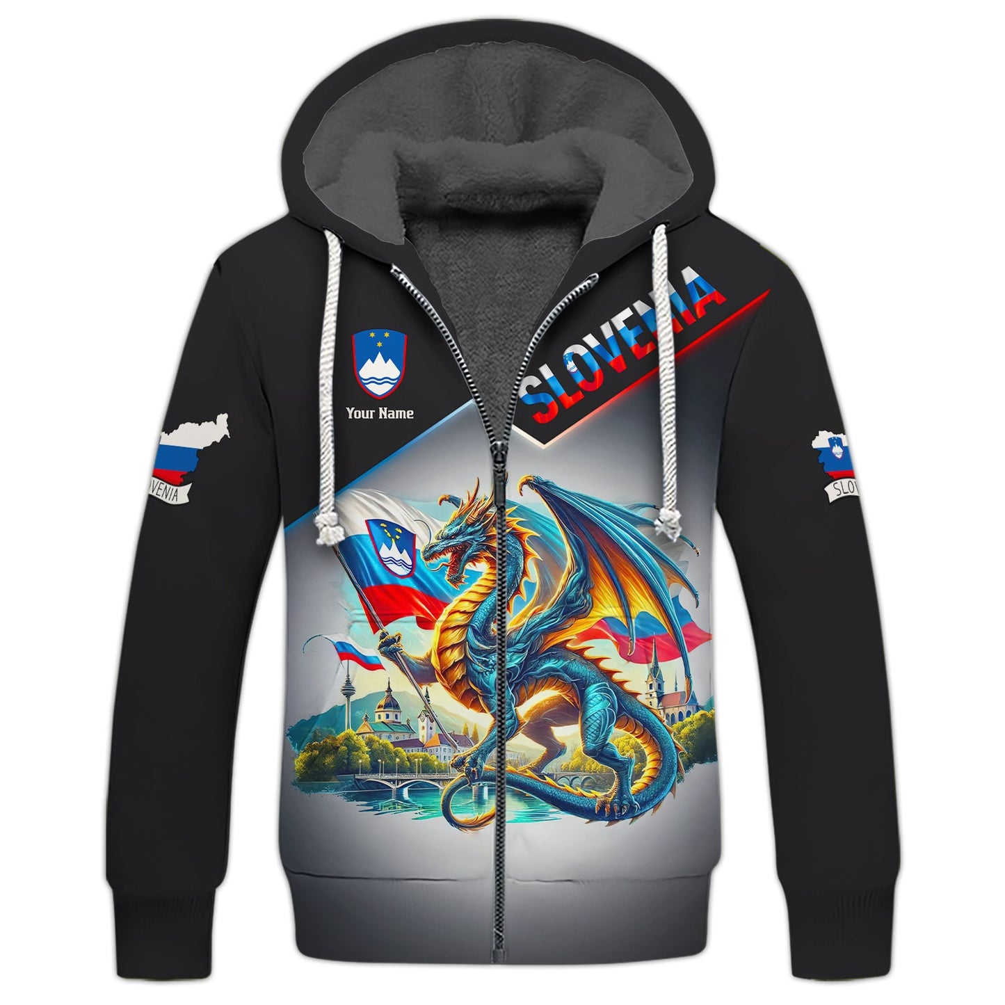 Sweat à capuche zippé Dragon Slovénie imprimé en 3D Cadeau personnalisé avec nom pour les amoureux de Slovénie