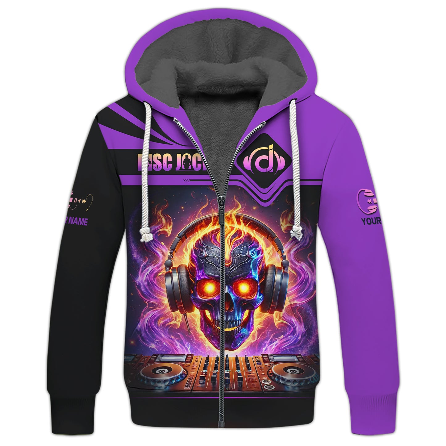 Sudadera con capucha y cremallera con estampado 3D de calavera y disc jockey, regalo personalizado con nombre para amantes de los disc jockeys