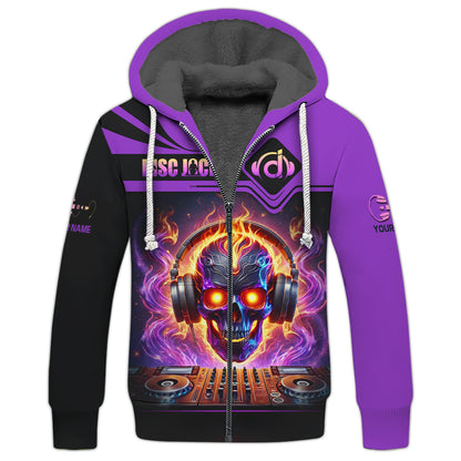 Sudadera con capucha y cremallera con estampado 3D de calavera y disc jockey, regalo personalizado con nombre para amantes de los disc jockeys