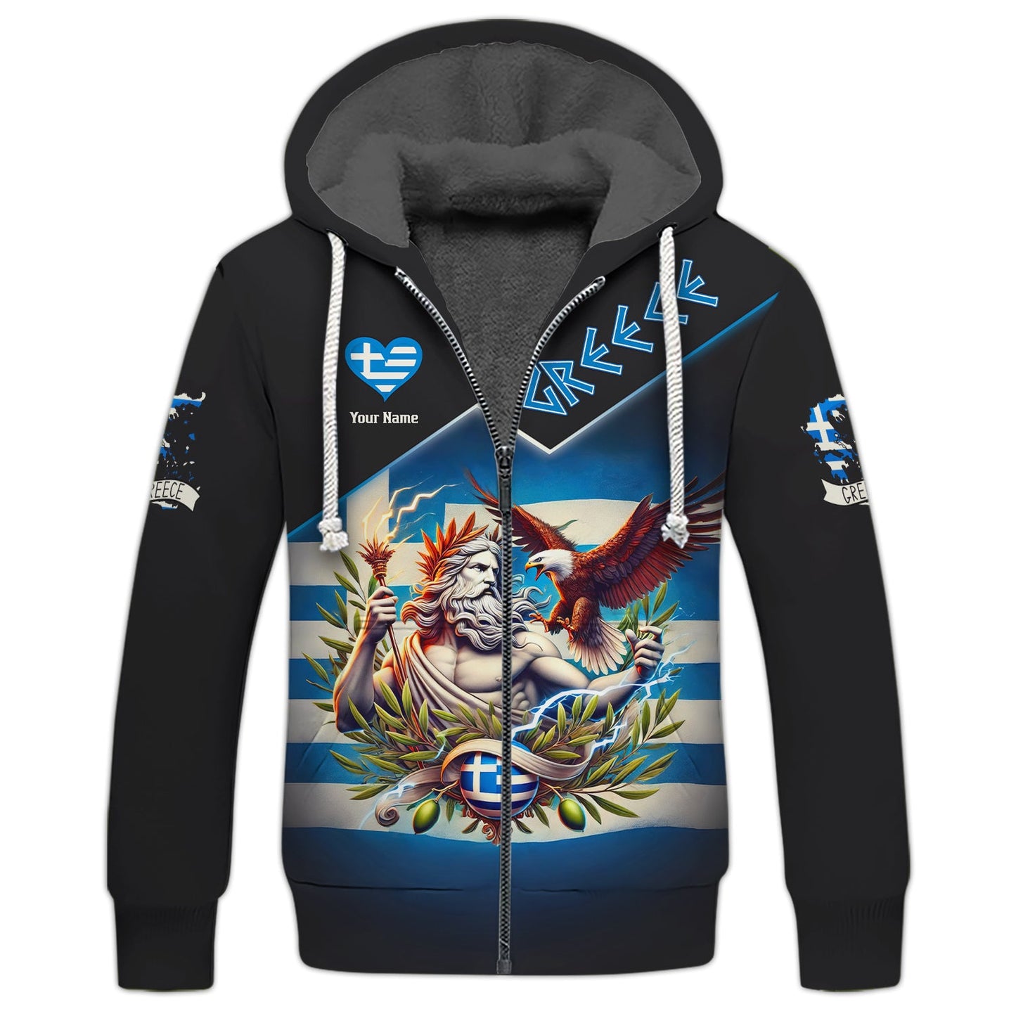 3D Full Print Zeus With Eagle Of Greece Zipper Hoodie Personalized Name Gift For Greek Lovers