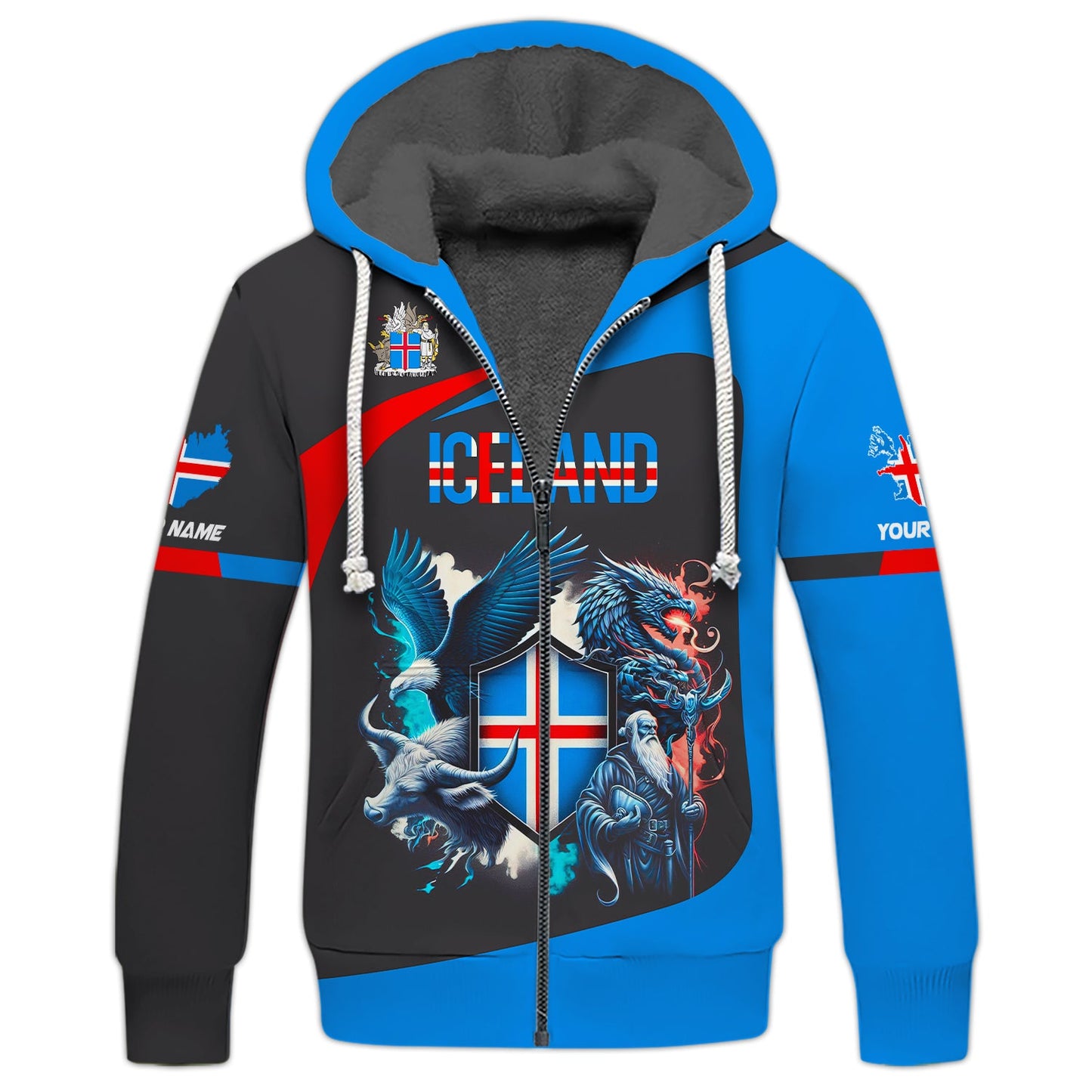 Sudadera con capucha y cremallera personalizada con el escudo de armas de Islandia para amantes de Islandia