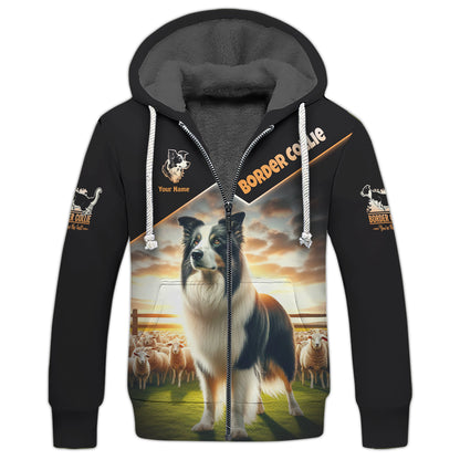 T-shirts 3D Full Print Border Collie On Sheep Farm Cadeau personnalisé avec nom pour les amoureux des chiens