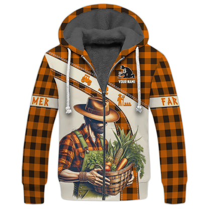 Sudadera con capucha y cremallera con estampado 3D completo de "El granjero con cesta de verduras", regalo personalizado con nombre para amantes de los agricultores