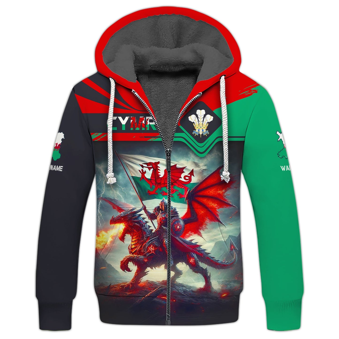 Sweat à capuche zippé 3D avec nom personnalisé Chevalier avec dragon du Pays de Galles Cadeau personnalisé pour les amoureux de CYMRU