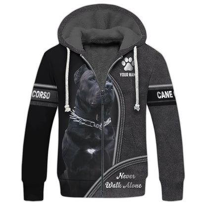 Sweat à capuche zippé avec nom personnalisé Cane Corso Never Walk Alone Cadeau pour les amoureux des chiens Chemises 3D