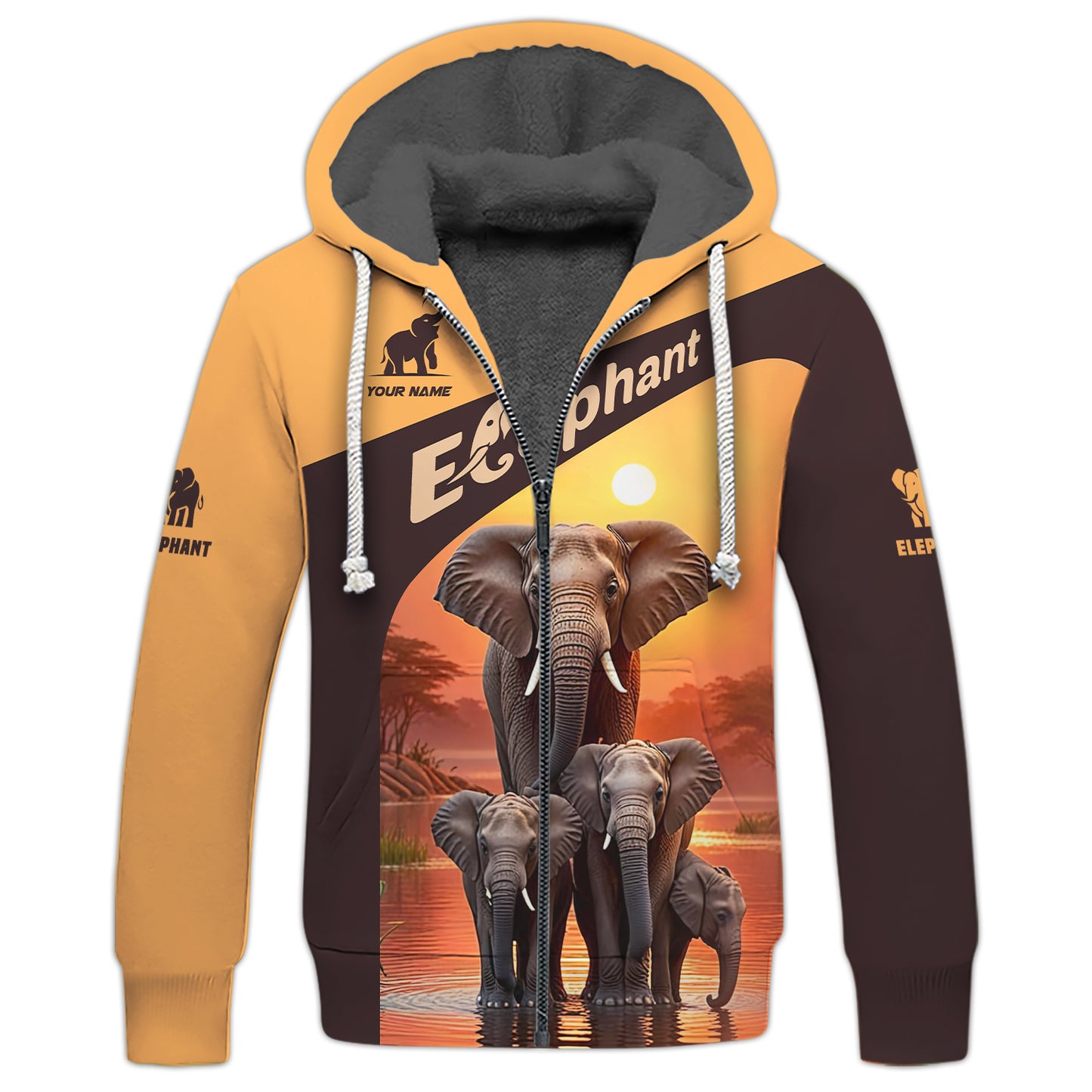 3D Full Print Sunset Elephant Zipper Hoodie Personalized Name Gift For Elephant Lovers