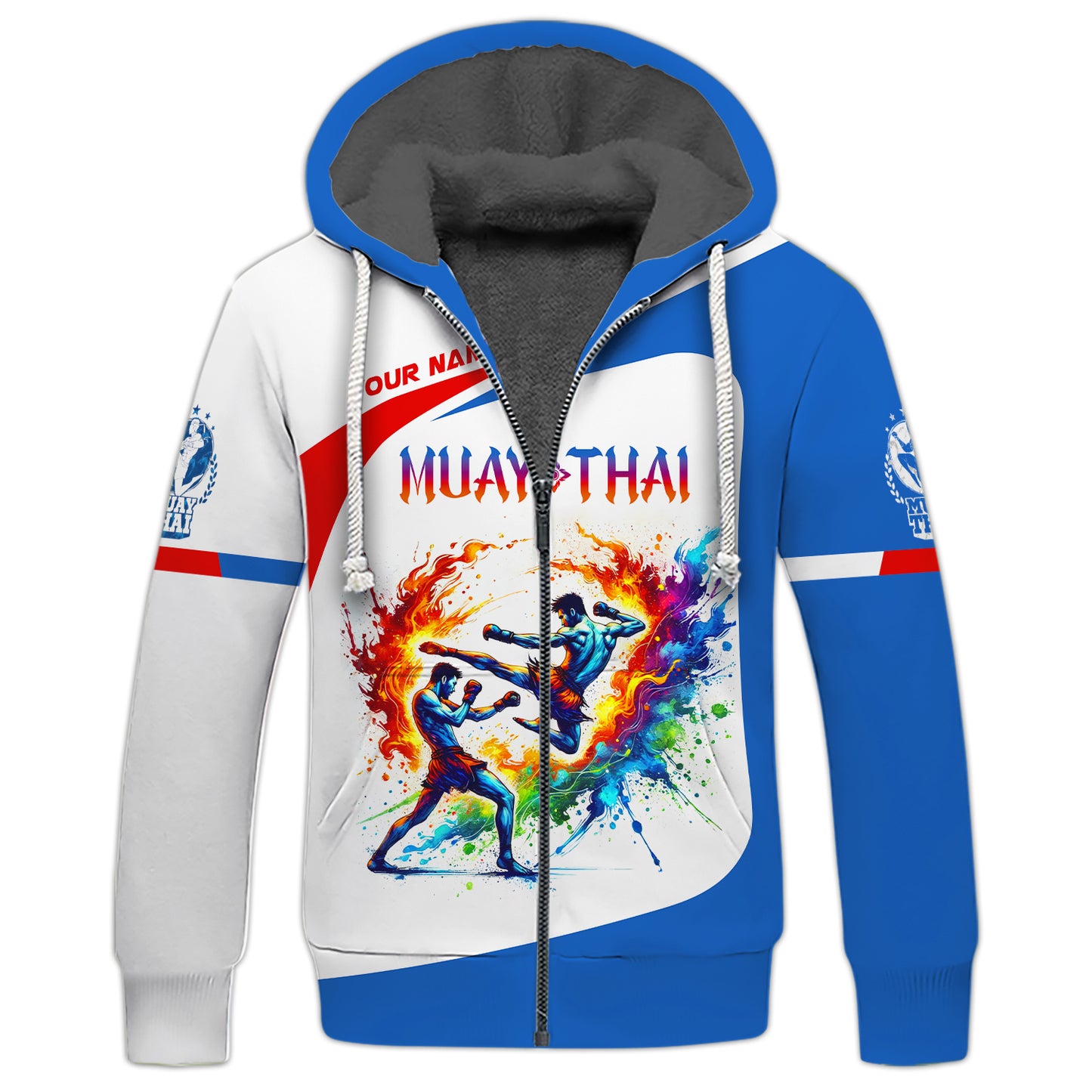 Sudadera con capucha y cremallera con nombre personalizado The Explosion Of Muay Thai Power. Regalo con nombre personalizado para amantes del muay thai.