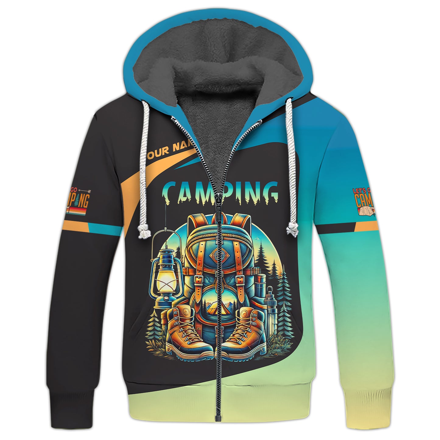 Sudadera con capucha y cremallera 3D con nombre personalizado para acampar, equipo de acampada, regalo personalizado para amantes de las autocaravanas