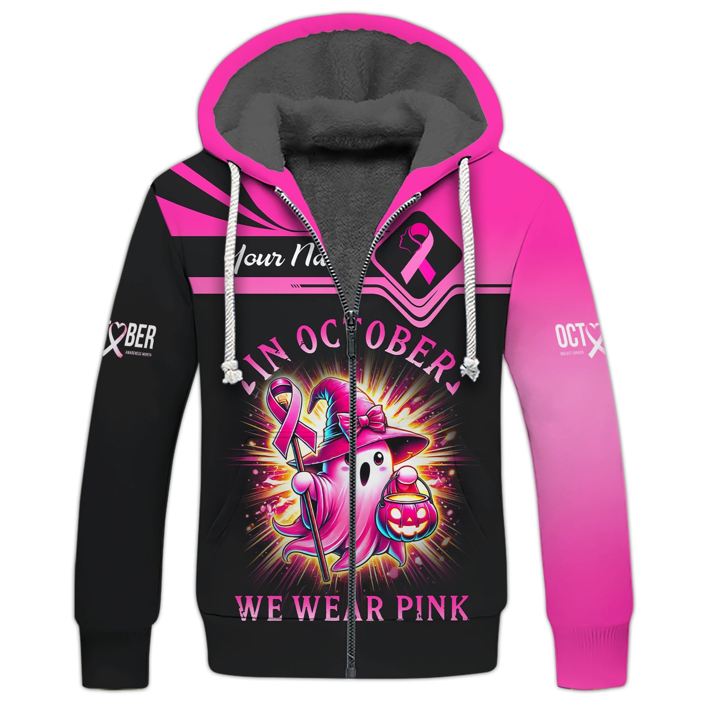 Sudadera con capucha con cremallera y estampado 3D completo "En octubre usamos rosa", regalo personalizado con nombre para supervivientes de cáncer