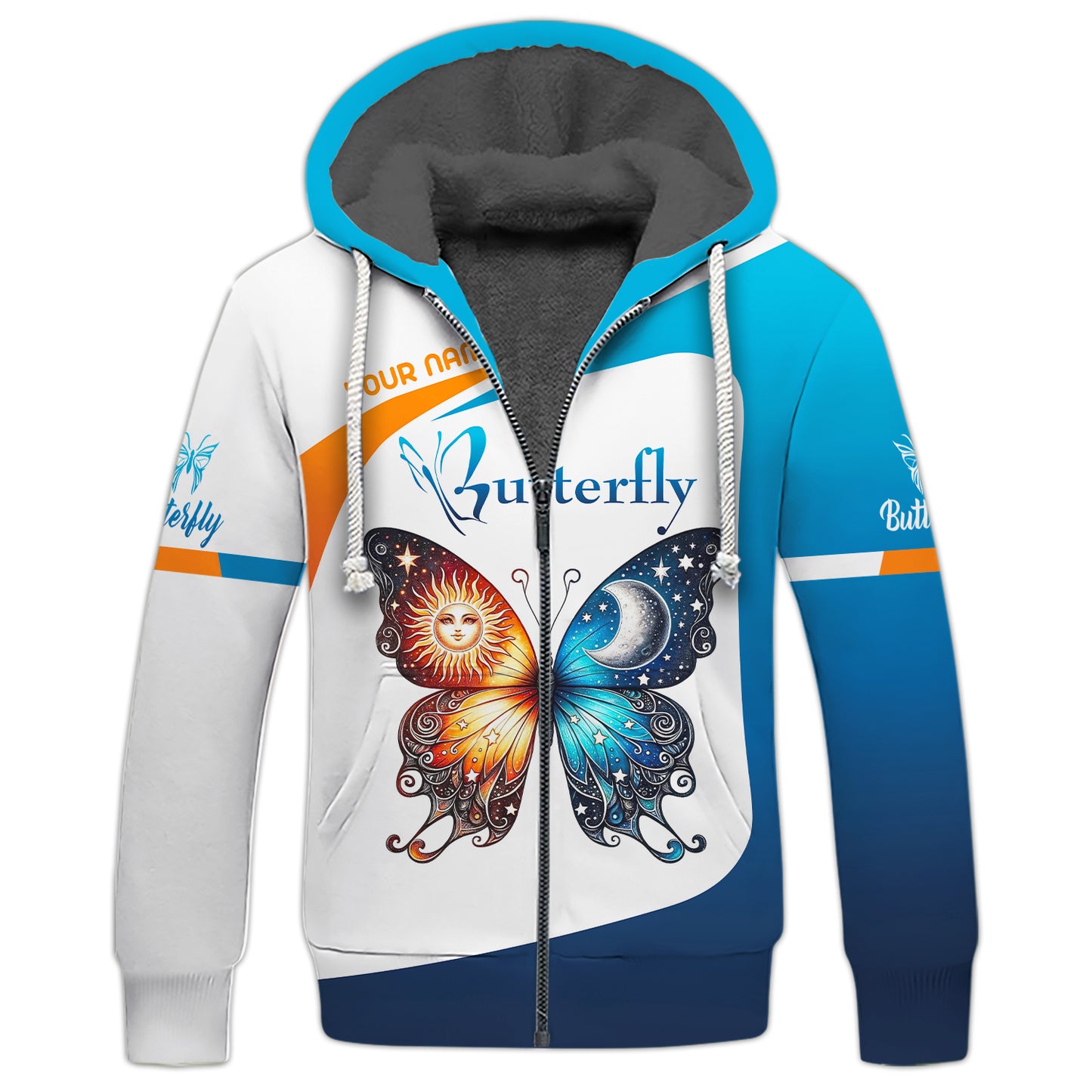 3D Full Print Sun With Moon Combine On Butterfly Zipper Hoodie Personalized Name Gift For Butterfly Lovers