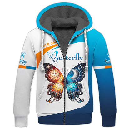 Sudadera con capucha con cremallera y estampado 3D completo de sol y luna combinada en mariposa, regalo con nombre personalizado para amantes de las mariposas