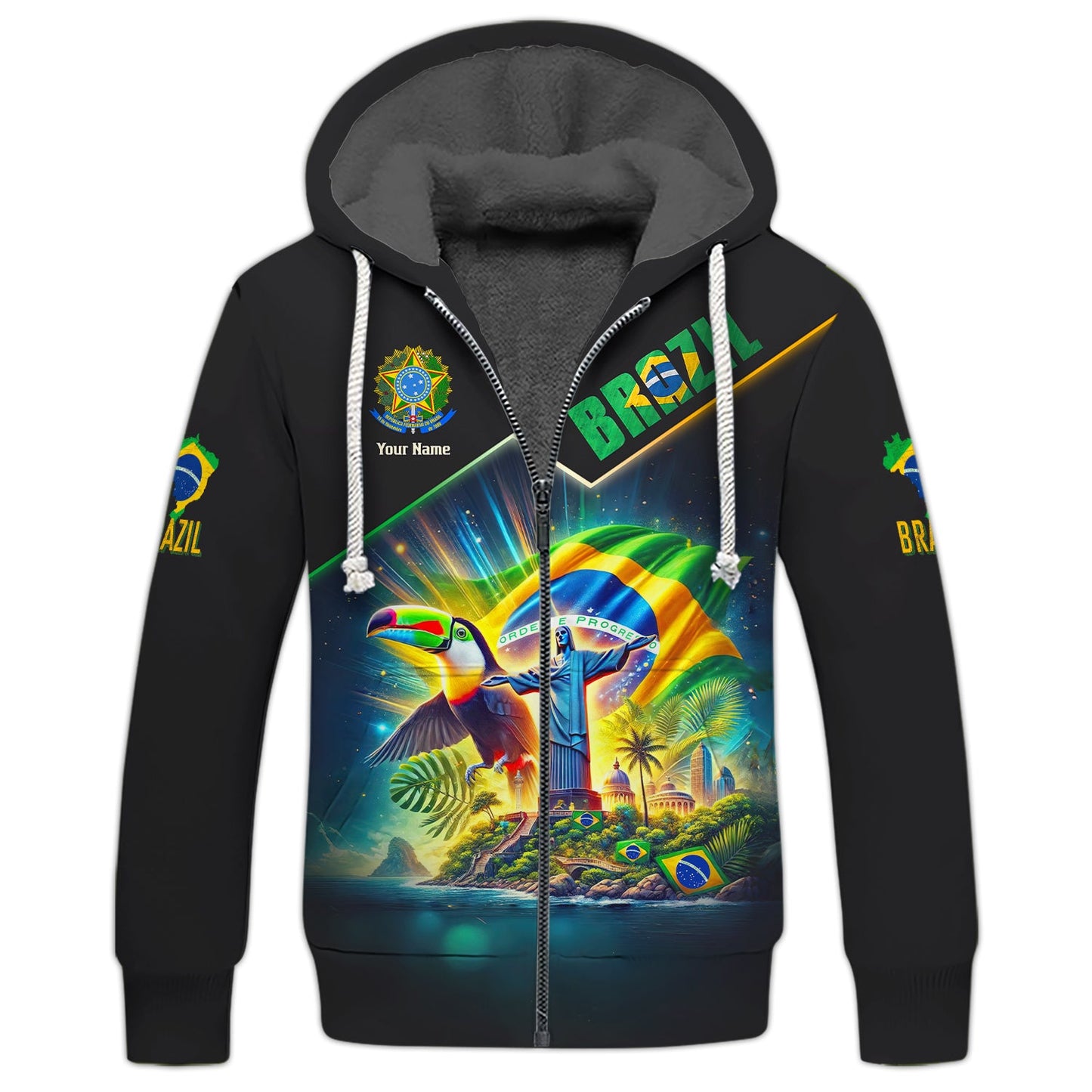 Sweat à capuche zippé Brazil Life avec nom personnalisé, impression 3D complète, cadeau pour les amoureux du Brésil