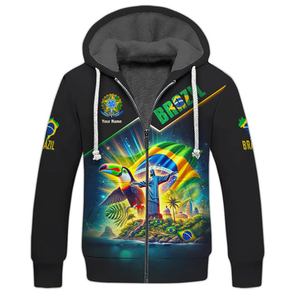 Sudadera con capucha y cremallera Brazil Life con nombre personalizado y estampado completo en 3D, regalo para amantes de Brasil