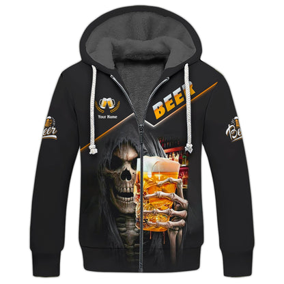 Sudadera con capucha y cremallera 3D con nombre personalizado y taza de calavera de cerveza, regalo para amantes de la cerveza