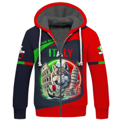 Italy Custom T-Shirts The Wolf And Famous Symbols of Italy 3D Zipper Hoodie Gift For Italian Lover