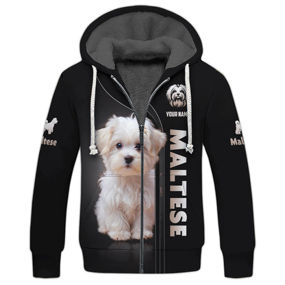 3D Full Print Maltese Zipper Hoodie Personalized Name Gift For Dog Lovers