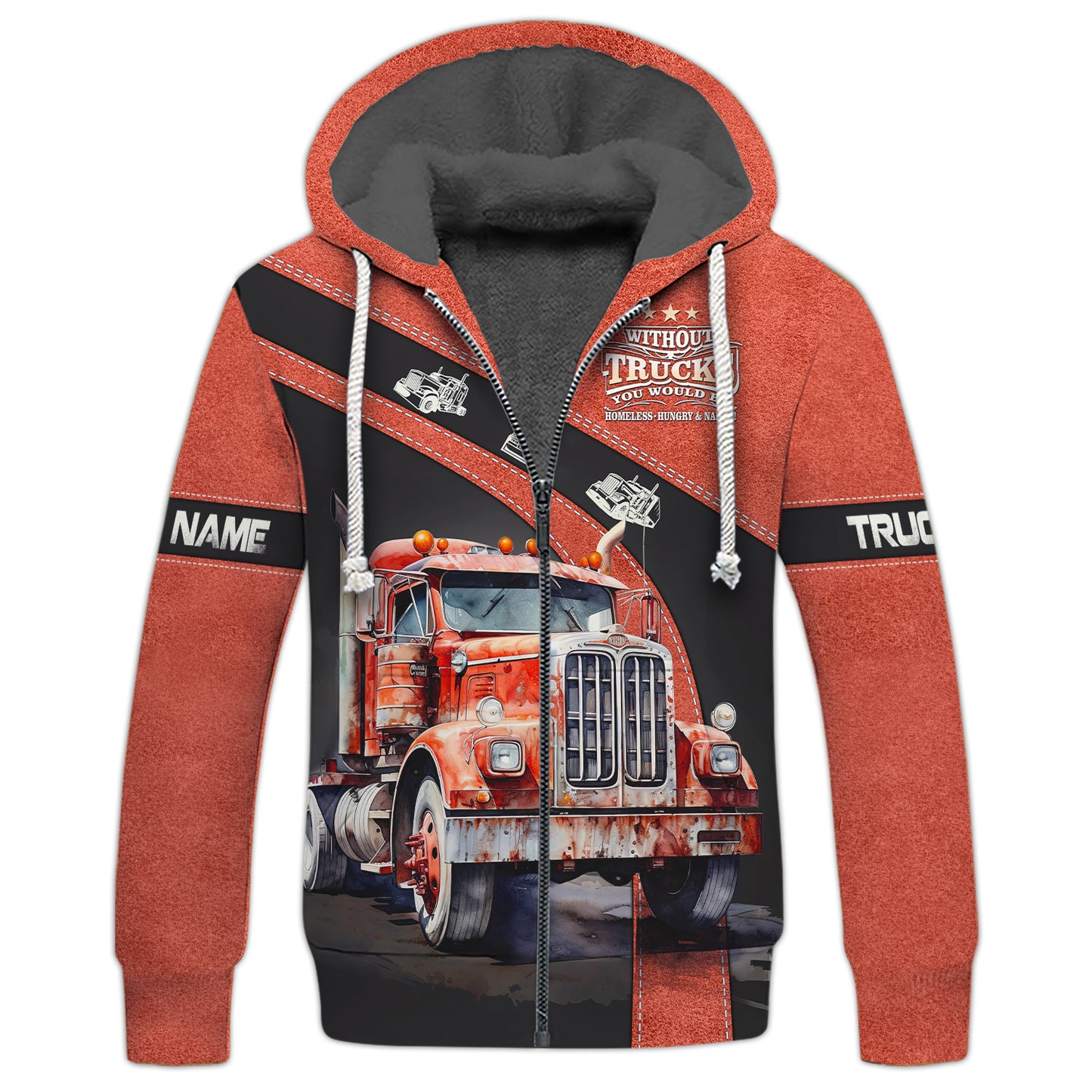 Sweat à capuche zippé 3D personnalisé avec nom de voiture de camion noir et rouge, cadeau personnalisé pour les amateurs de camionneurs