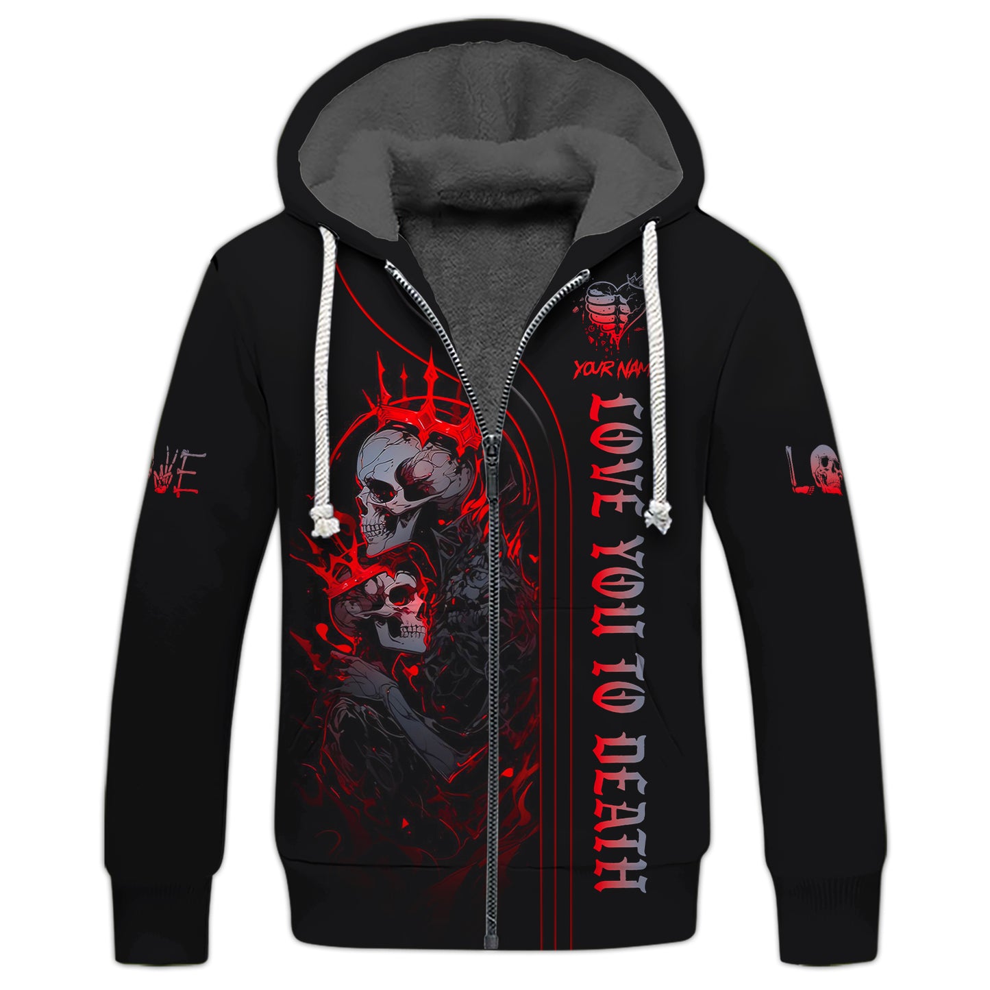 Sudadera con capucha y cremallera personalizada con calavera Te amo hasta la muerte Camiseta 3D Regalo para amantes de las calaveras