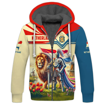 Sudadera con capucha y cremallera 3D con nombre personalizado de caballero holandés con león, regalo personalizado para amantes de los Países Bajos