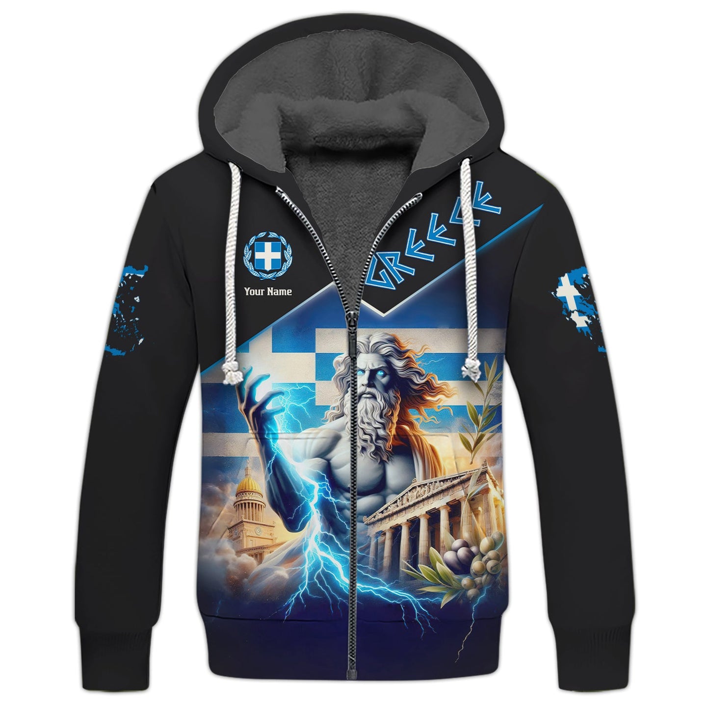 Sudadera con capucha y cremallera con estampado 3D completo de Zeus, Grecia, regalo con nombre personalizado para amantes griegos