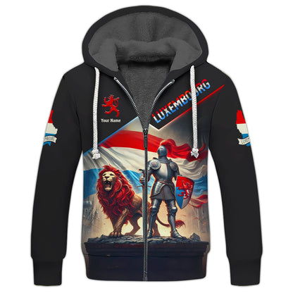 Sudadera con capucha personalizada con cremallera 3D y nombre de caballero de Luxemburgo con león, regalo personalizado para amantes de Luxemburgo