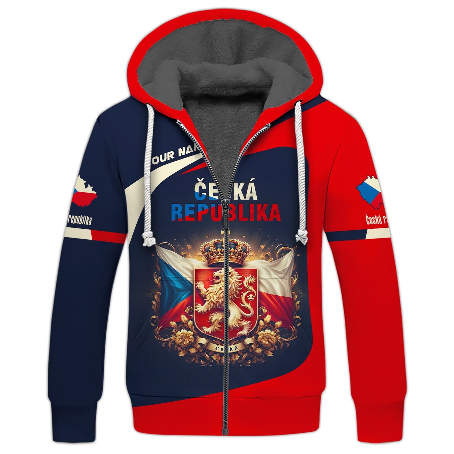 Sweat à capuche personnalisé avec nom de la République tchèque et armoiries, fermeture éclair 3D, cadeau personnalisé pour les amoureux de la République tchèque