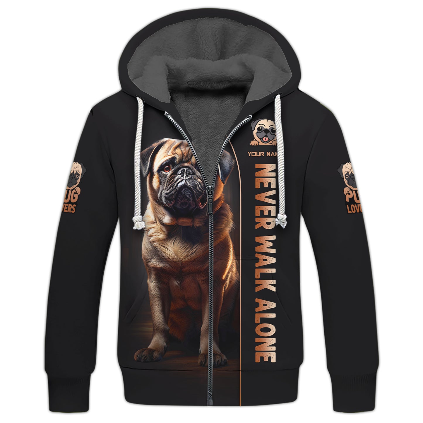 Sudadera con capucha y cremallera con nombre personalizado de perro Pug, regalo para amantes de los perros, camisetas 3D