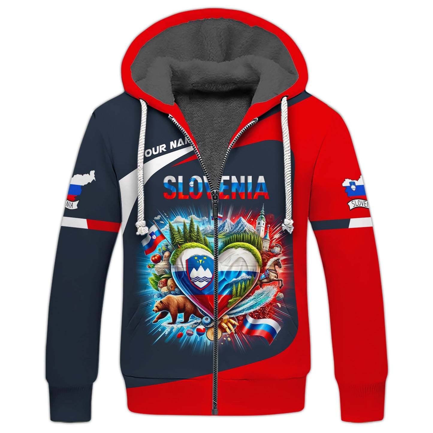 Sudadera con capucha y cremallera con corazón de Eslovenia y nombre personalizado Camiseta de Eslovenia Camiseta unisex de Eslovenia