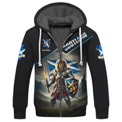 Sweat à capuche avec fermeture éclair 3D avec nom personnalisé Lion Knight, cadeau personnalisé pour les amoureux de l'Écosse