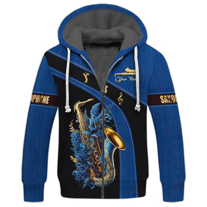 Sudadera con capucha y cremallera 3D con nombre personalizado de saxofón Regalo con nombre personalizado para amantes del saxofón