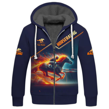 3D Full Print Flaming Horse Racing Zipper Hoodie Personalized Name Gift For Horse Racing Lovers