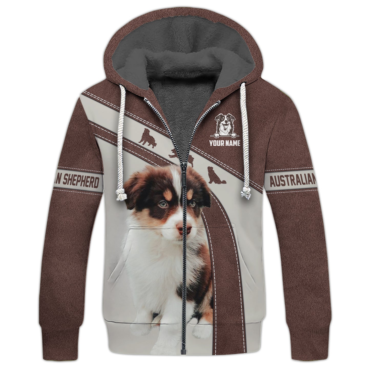 3D Full Print Australian Shepherd Zipper Hoodie Personalized Name Gift For Dog Lovers