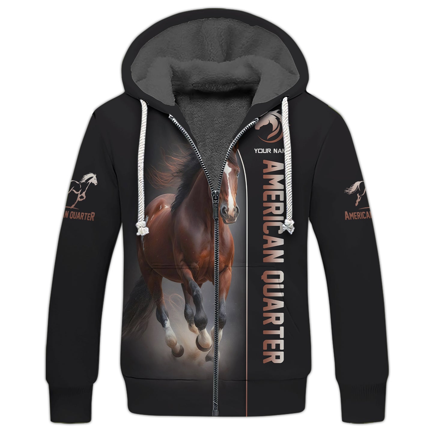 Sweat à capuche zippé American Quarter à impression 3D complète, cadeau personnalisé avec nom pour les amoureux des chevaux