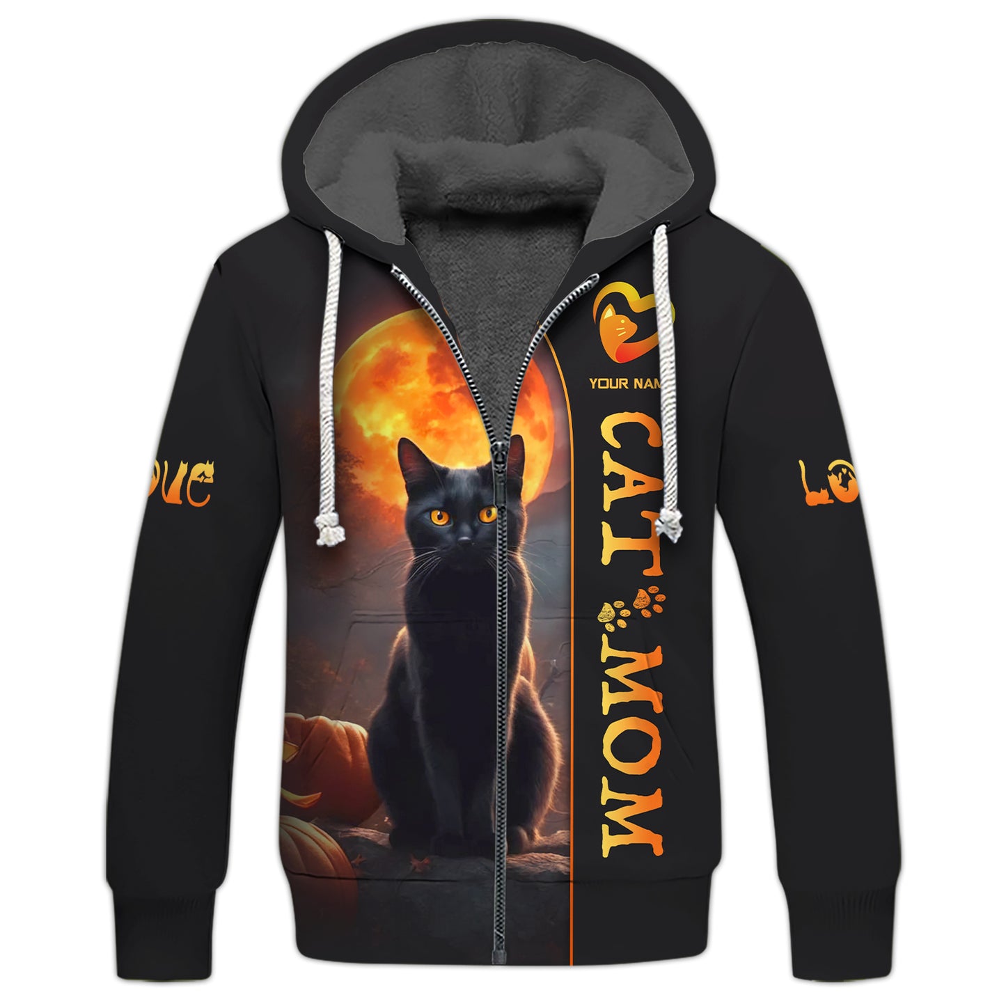 Black Cat With Moon Custom Name Cat Mom 3D Zipper Hoodie Gift For Cat Lovers