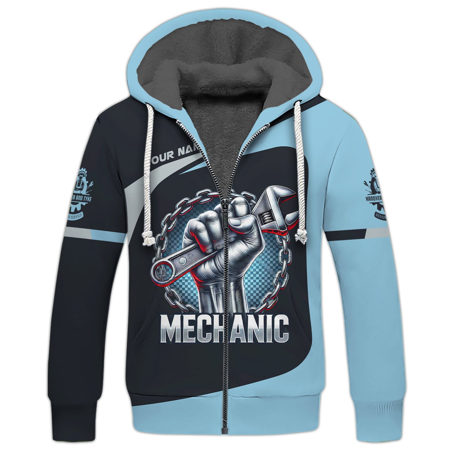 3D Full Print Wrench and Chain Mechanic Zipper Hoodie Personalized Name Gift For Mechanic Lovers