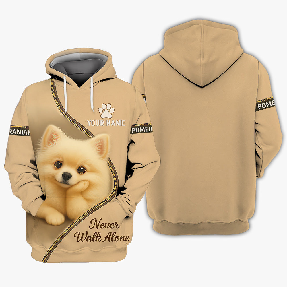 Personalized Pomeranian Unisex T Shirt - Cute Fluffy Dog Design Never Walk Alone
