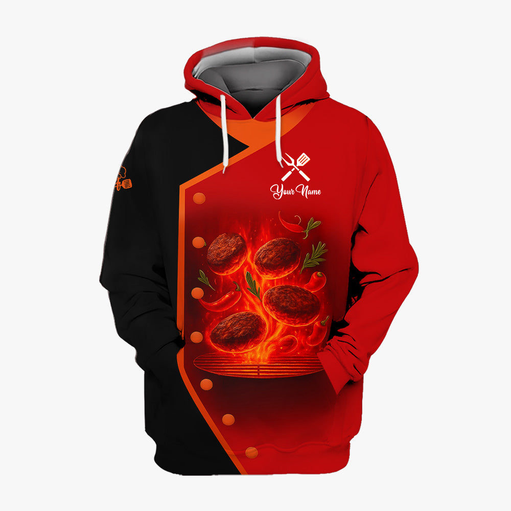 Personalized BBQ Chef T Shirt - Flaming Grill Patties Red Black Design