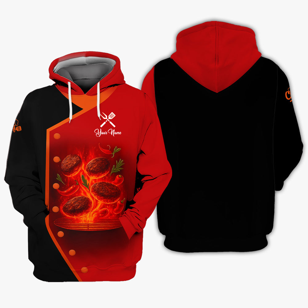 Personalized BBQ Chef T Shirt - Flaming Grill Patties Red Black Design