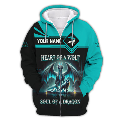 3D Full Print Heart Of A Wolf Soul Of A Dragon Shirt Personalized Name Gift For Dragon Lovers