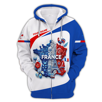 T-shirt personnalisé avec nom national de la France en 3D, cadeau personnalisé avec nom pour les amoureux de la France