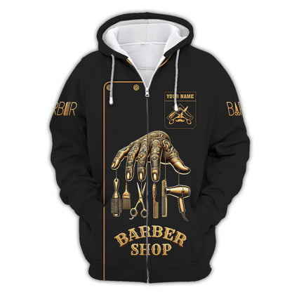 Barber Custom Name 3D T-Shirts Golden Hand In Barbering Shirt Gift For Barber Lovers